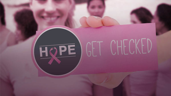 Extreme cropped image of woman holding sign saying, "HOPE - GET CHECKED" to encourage women to get breast cancer screenings. Cover image for "Breast Cancer Screening and Prevention Advice" blog post by Dr. Alexis Peraino