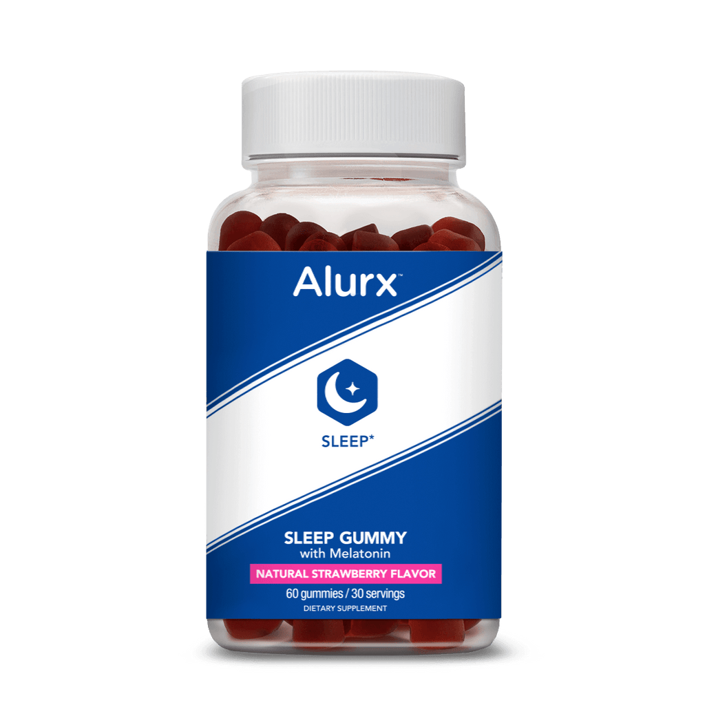Alurx Sleep Gummy bottle- image. Each bottle contains 60 gummies with 5 mg each of melatonin. Take 2 naturally-flavored strawberry gummies at night to help you sleep more restfully. 30 servings. Not recommended for children.