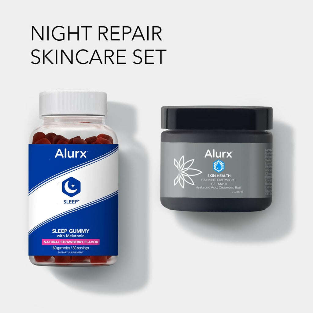 Help your skin recover overnight with our Night Repair Skincare Set. Product image of Alurx Calming Overnight Gel Mask and Sleep Gummy with Melatonin.