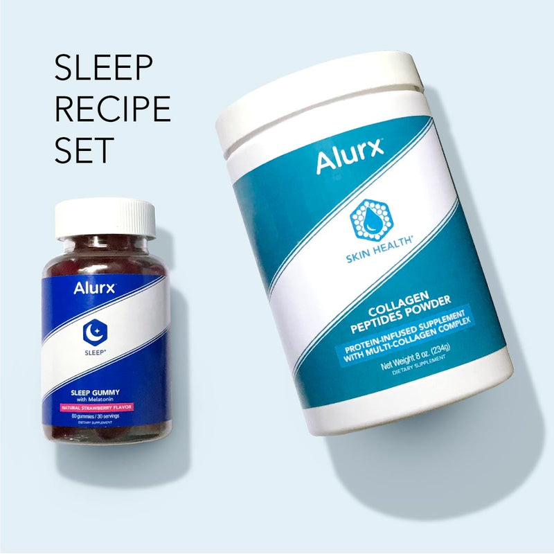 Sleep Recipe Set - square product image showing the Alurx Sleep Gummy with Melatonin (bottle with gummies) and Collagen Peptides Powder together on a light blue background